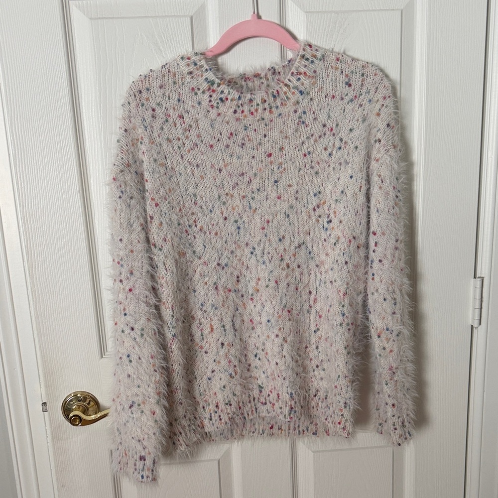 Cozy Speckled Fuzzy Crewneck Sweater Cream with Multicolor Flecks macaron small